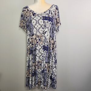 Rachel Zoe Vneck Dress Stretchy Navy Beige Size 1X  Shift travel patchwork